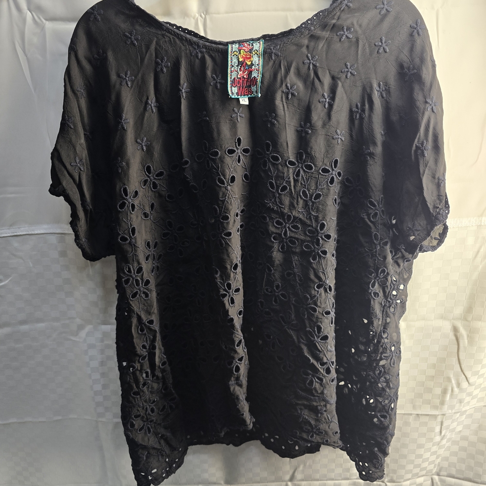 Johnny Was Black Floral Eyelet Blouse